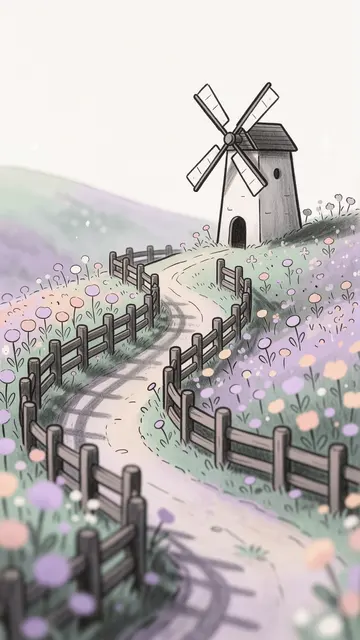 Windmill Flower Path — cottagecore, flowers, pastel phone wallpaper