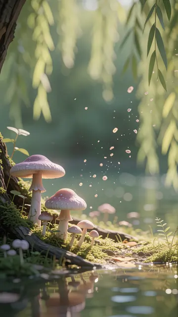 Willow Mushroom Glade — mushrooms, cottagecore, nature phone wallpaper