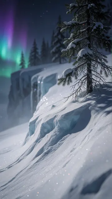 Aurora Snow Pines — snow, night, stars phone wallpaper